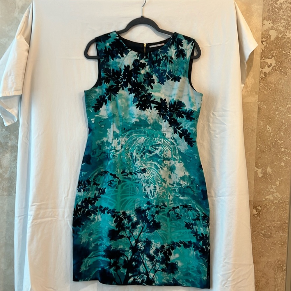 T Tahari Blue Teal and Black Sleeveless Dress Medium Sheath Bodycon